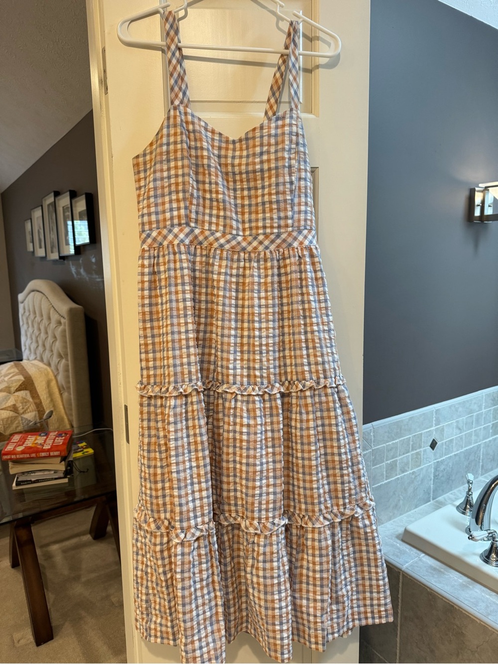 Madewell Blue and Tan Plaid Tiered Sundress